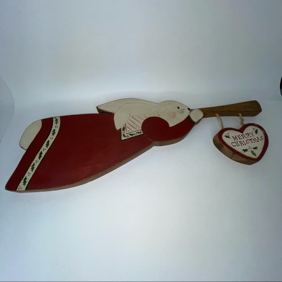 Primitive Wood Bunny Rabbit Wall Hanging Trumpet Merry Christmas Folk Art - Picture 8 of 10